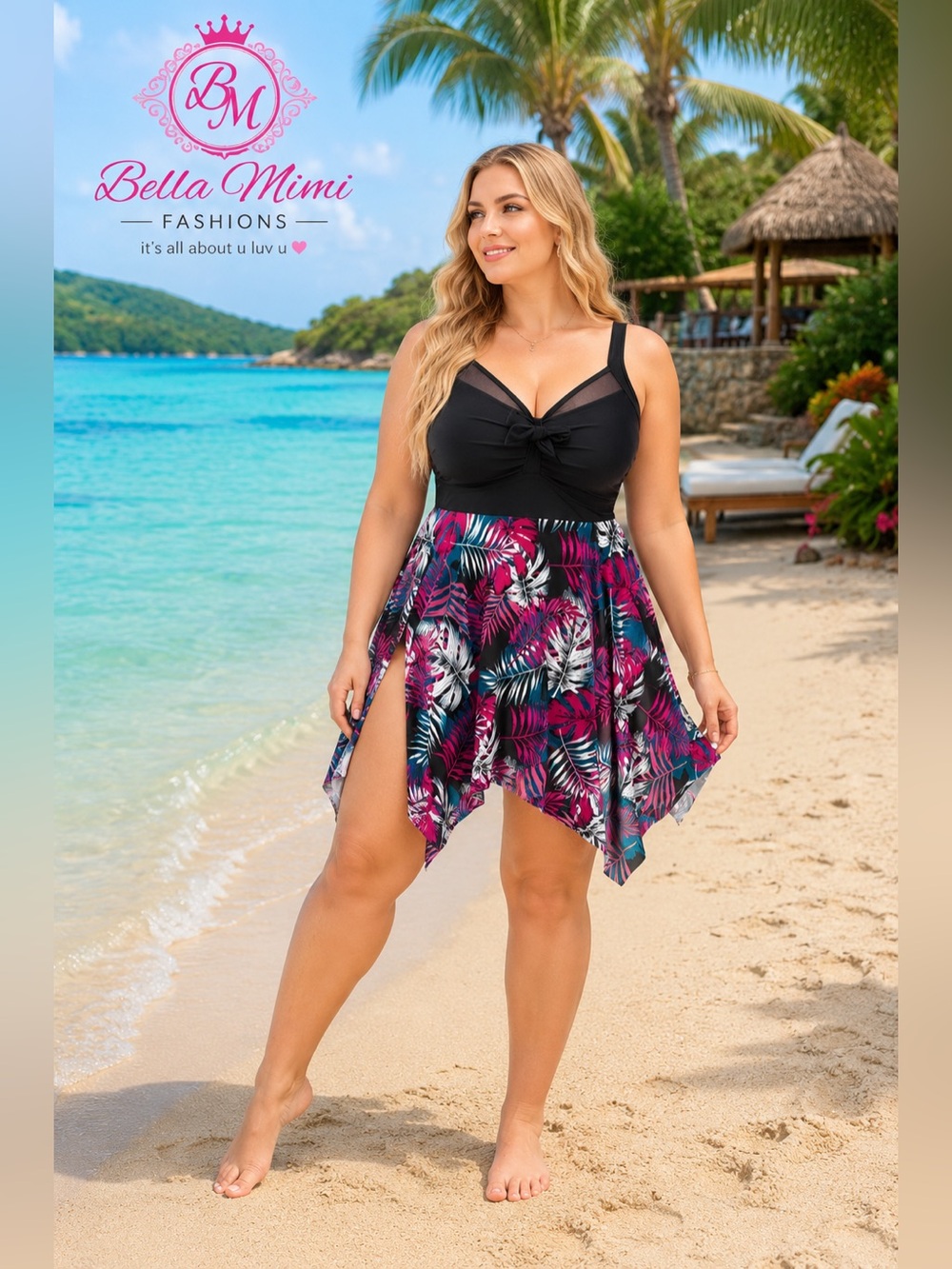 NWT Tropical print tie knot hanky hem mesh swim dress 22-24 🌸BS15
